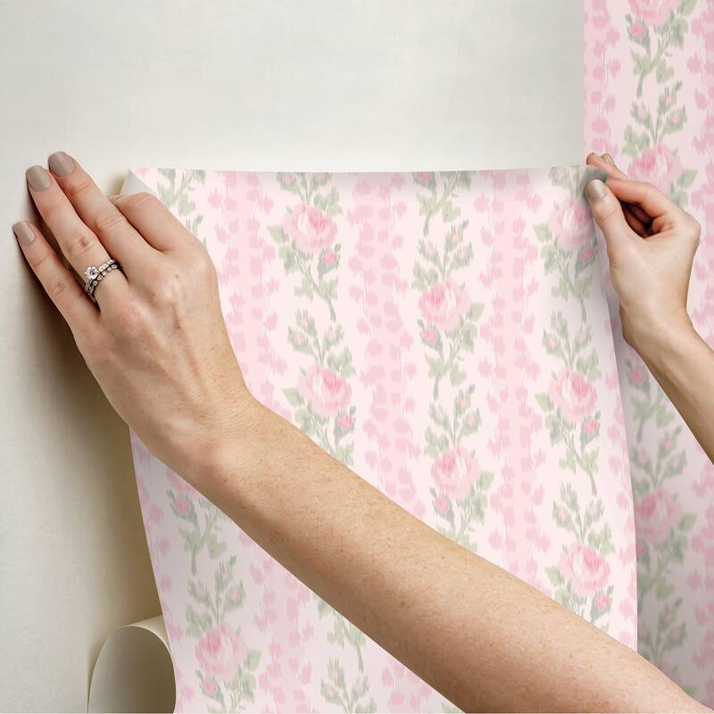LoveShackFancy NuWallpaper Blooming Heirloom Strawberry Macaron Rose Stripe Peel and Stick Wallpaper