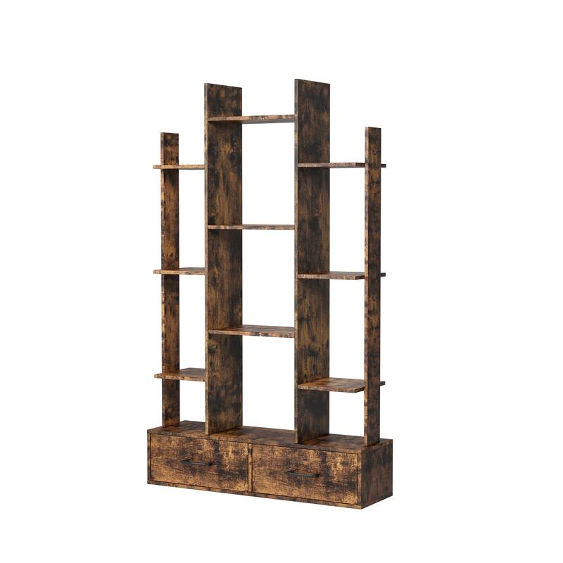 Bookshelf with 2 Drawers, Industrial Freestanding Open Display Shelving, Vintage Open Bookcase