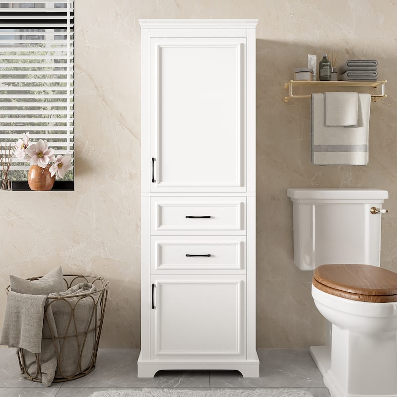 Bathroom Freestanding Storage Cabinet White Tall Cabinet with Adjustable Shelves, Black Handles and Anti-Tipping Design聽 - White