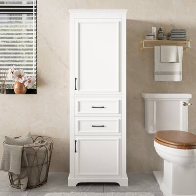 Bathroom Freestanding Storage Cabinet White Tall Cabinet with Adjustable Shelves, Black Handles and Anti-Tipping Design聽