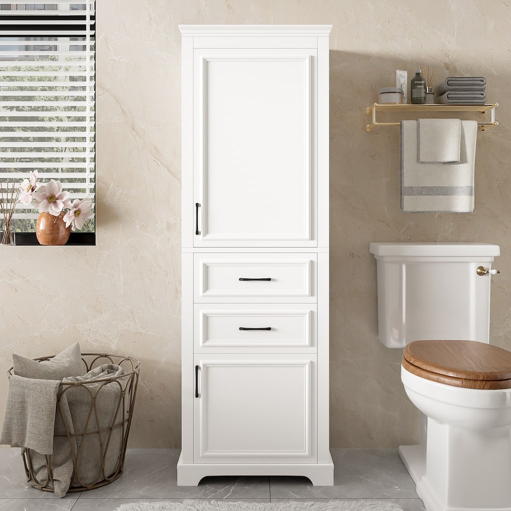 Bathroom Freestanding Storage Cabinet White Tall Cabinet with Adjustable Shelves, Black Handles and Anti-Tipping Design聽