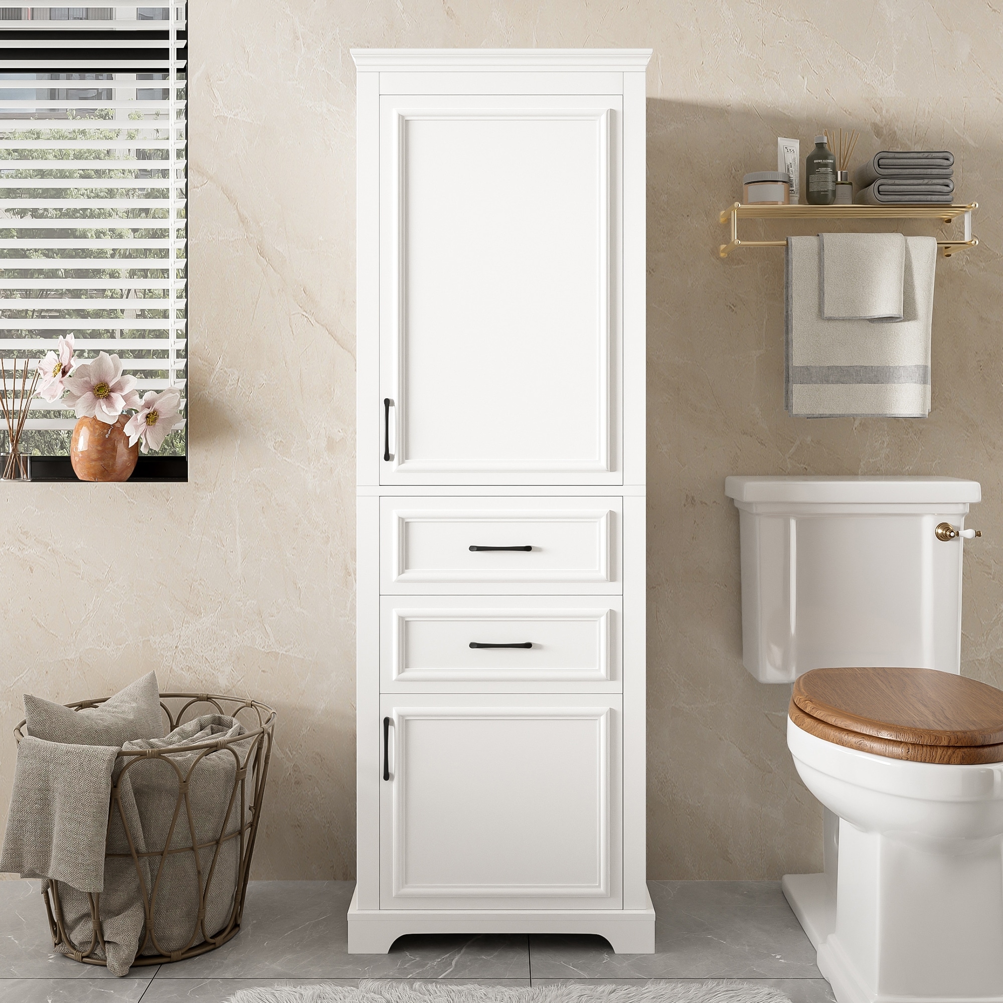 GDFStudio - Greystone 71"H Freestanding Bathroom Cabinet with Adjustable Shelves, Soft Close Doors & Drawer