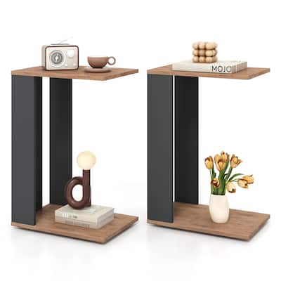 Gymax 2PCS 2-Tier C Shaped Side Table w/ Universal Wheels & Shelf for