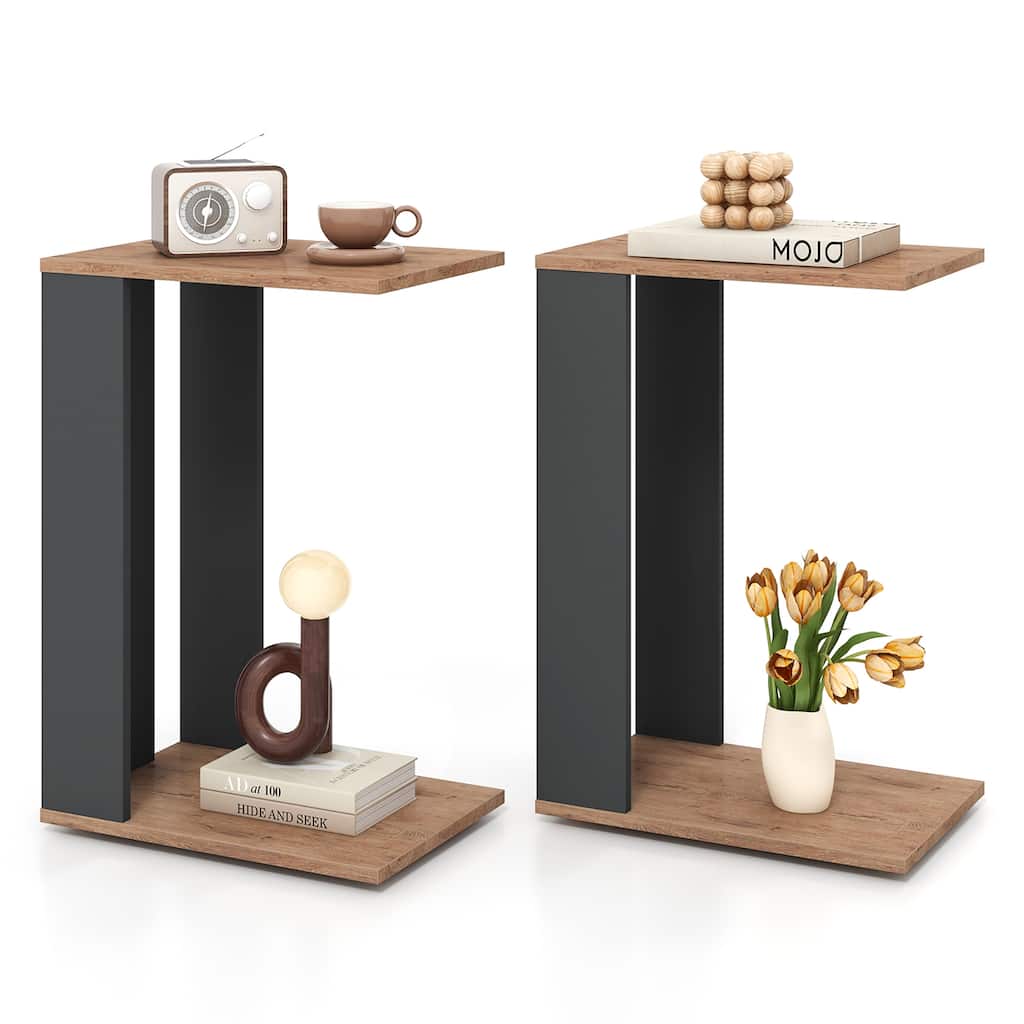 Gymax 2PCS 2-Tier C Shaped Side Table w/ Universal Wheels & Shelf for