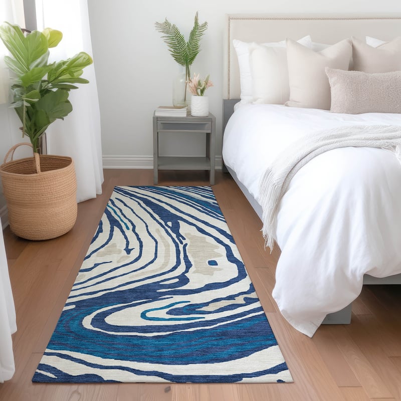 Machine Washable Indoor/ Outdoor Abstract Brushstrokes Chantille Rug - Navy - 2'3" x 7'6"