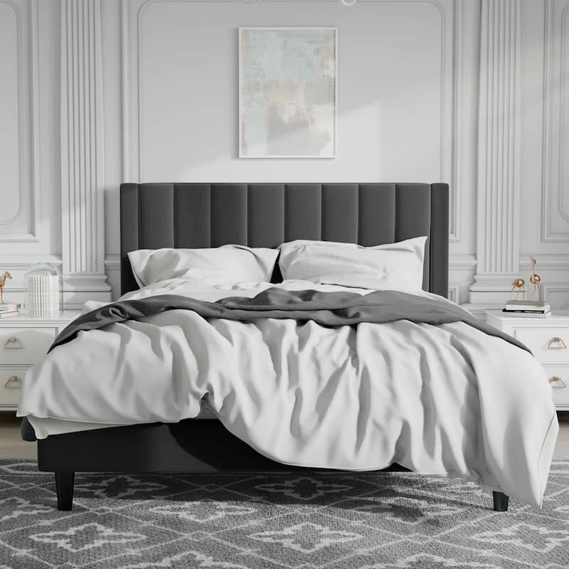 Velvet Upholstered Platform Bed Frame with Sturdy Slats and Headboard