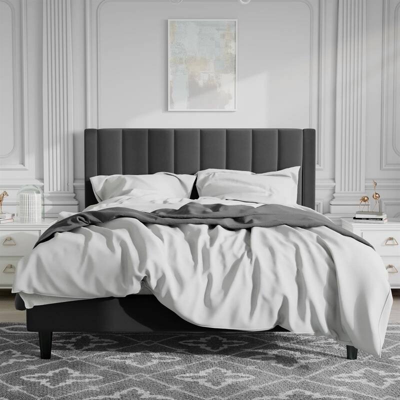 Velvet Upholstered Platform Bed Frame with Headboard - Black - Queen