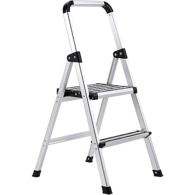 BirdRock Home 2-Step Aluminum Step Ladder - Sturdy Thin Folding Stool - 2 Anti-Slip Steps - Wide Platform