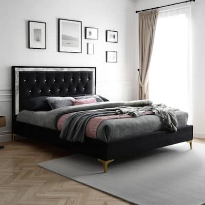Eastern King Bed with Diamond Tufted Headboard , Black