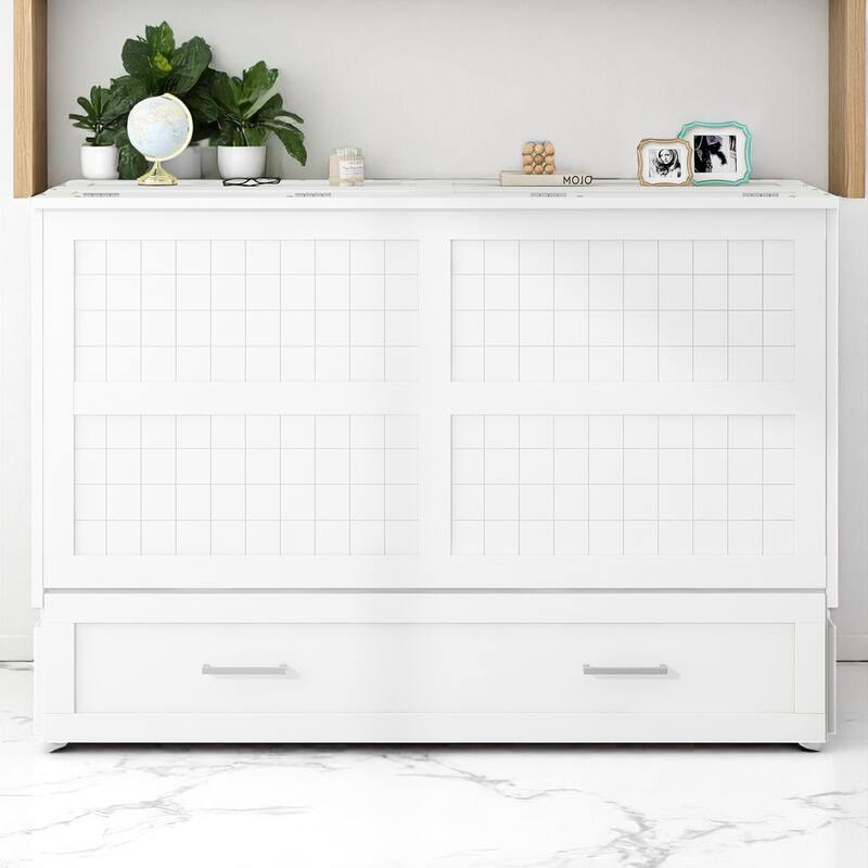 Queen Size Mobile Murphy Bed with Storage Drawer and Side Shelves, Foldable White Platform Bed