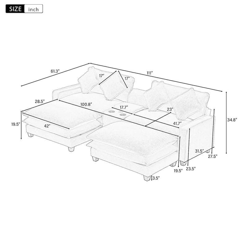 111" Chenille Sectional Sofa with 2 Ottomans, USB Ports and Storage - 4-Seater and Pocket Spring Cushions Cup Holders