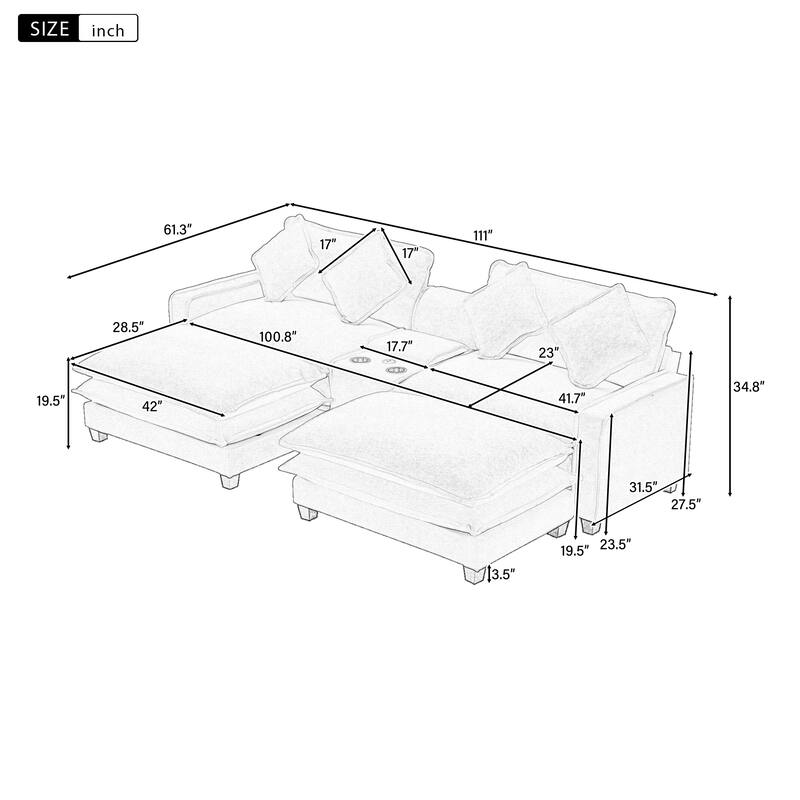 111" Chenille Upholstered Sectional Sofa with 2 Ottomans, USB Ports, Cup Holders and Storage Box for Living Room