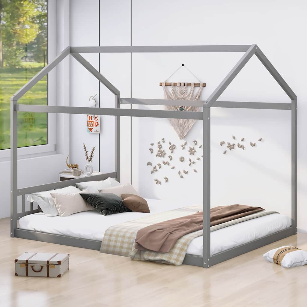 Queen Size House-Shaped Wooden Bed with Headboard in Gray