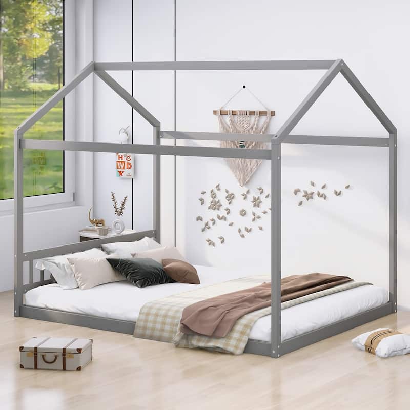 Queen Size House-Shaped Wooden Bed with Headboard in Gray - Gray