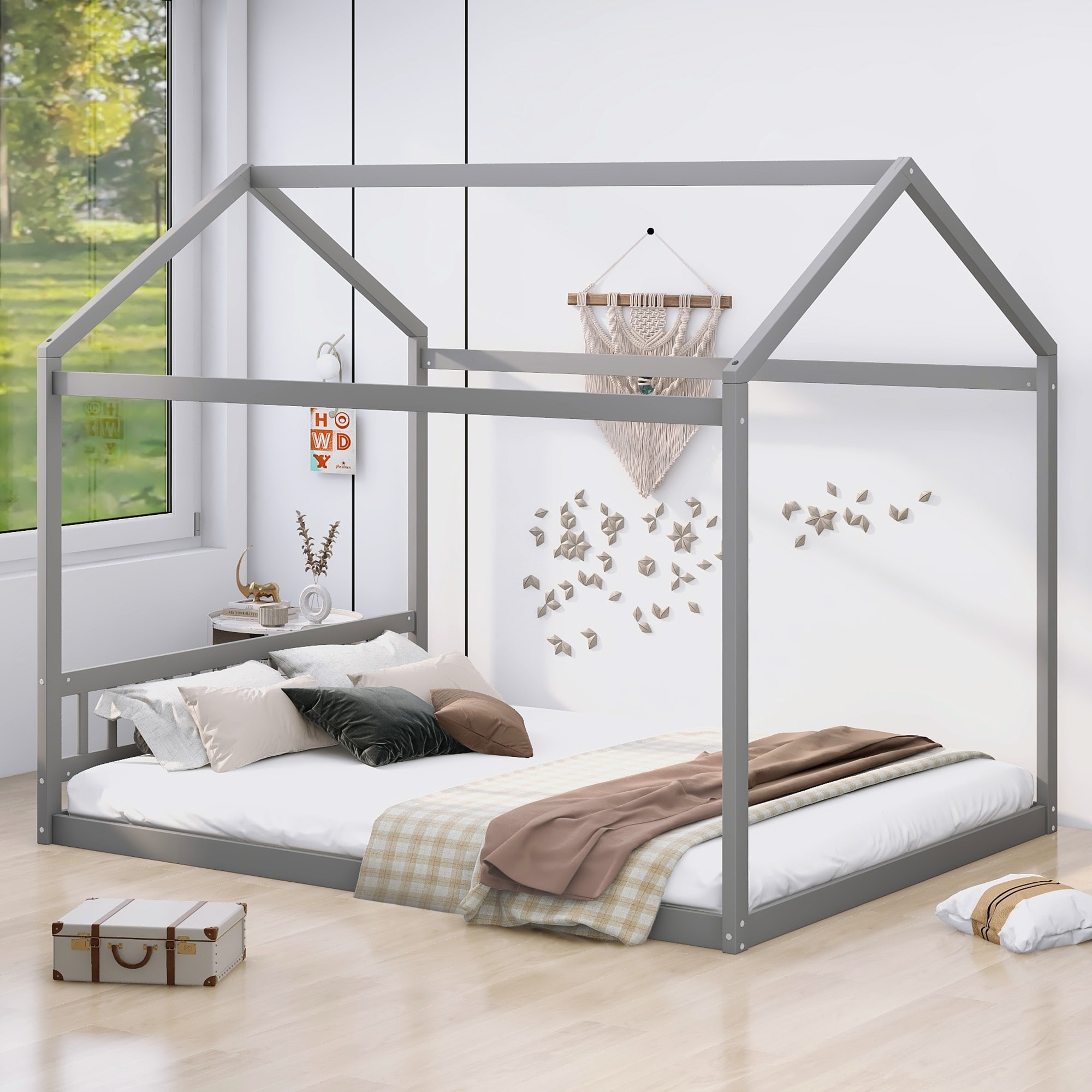 Queen Size Wooden House Bed with Headboard, Mosquito Net Top