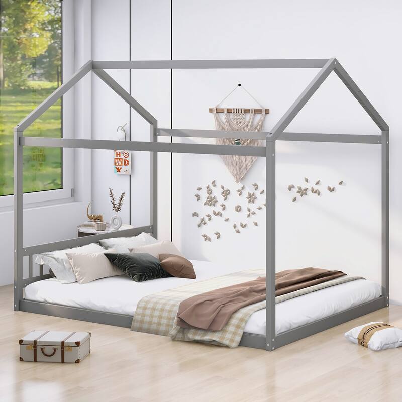 Queen Size Wood House-shaped Floor Bed - Gray
