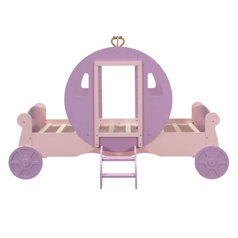 Twin size Princess Carriage Bed with Crown ,Wood Platform Car Bed with Stair