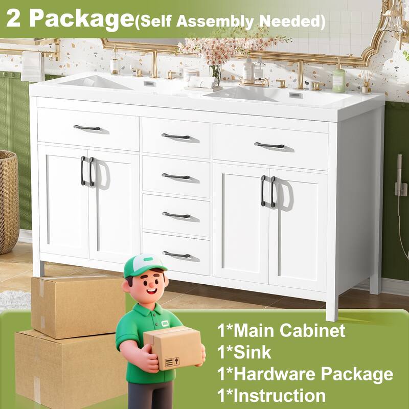 59.3" Modern Double Bathroom Vanity, Solid Wood Frame with SMC Sinks, Soft-Close Doors & Drawers