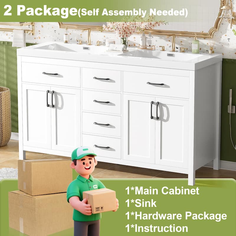 59.3"Bathroom Vanity with Solid Wood Frame, Double SMC Sink, Damping Hinges & Hidden Slides, 4 Doors, 3 Drawers, 2 Flip Drawers