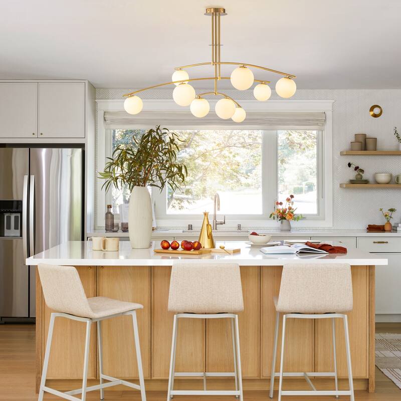 Modern Brass Sputnik Linear Opal Frosted Glass Globe Semi-Flush Mount Light