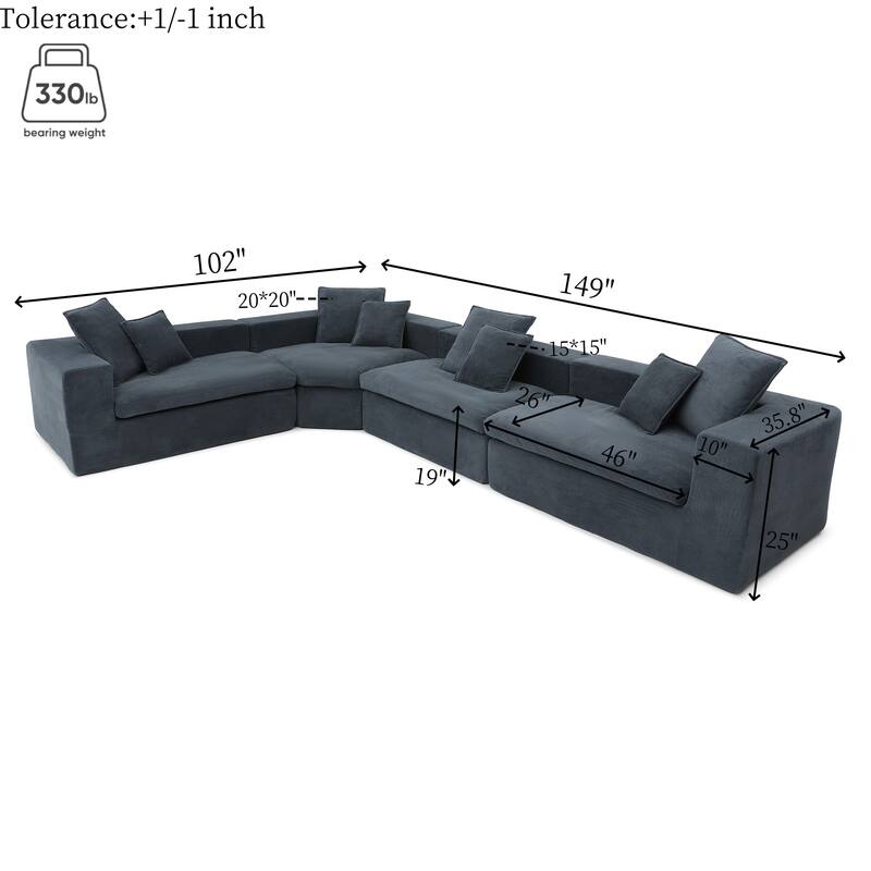149" Oversize Grey Velvet L-Shape Chaise Modular Sofa, No Assembly Required