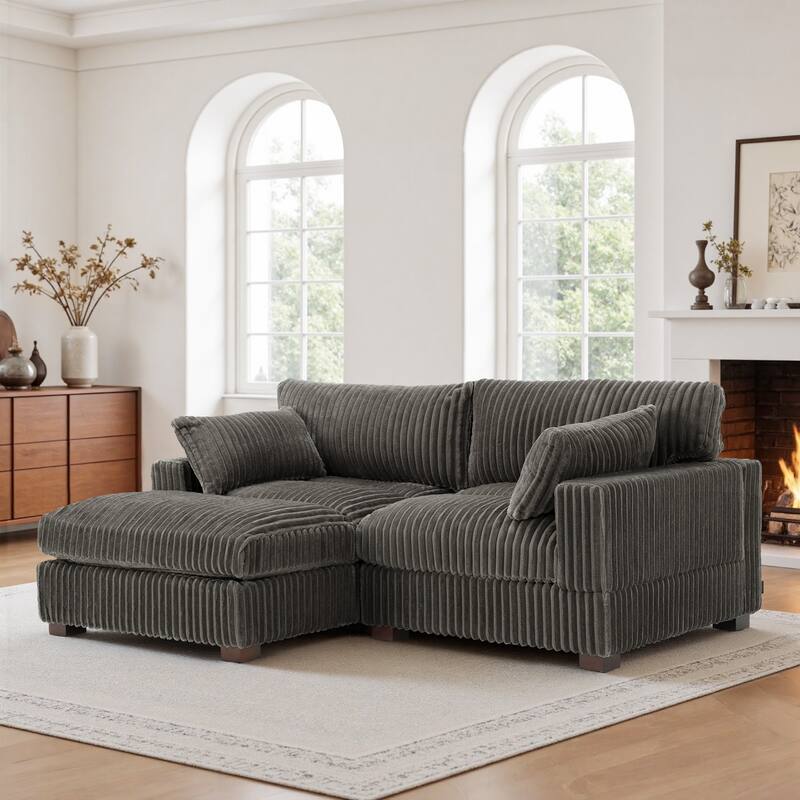 Plush Corduroy Upholstered Modular Sectional Sofa with Chaise - Left Facing - Light Grey-2 Pieces