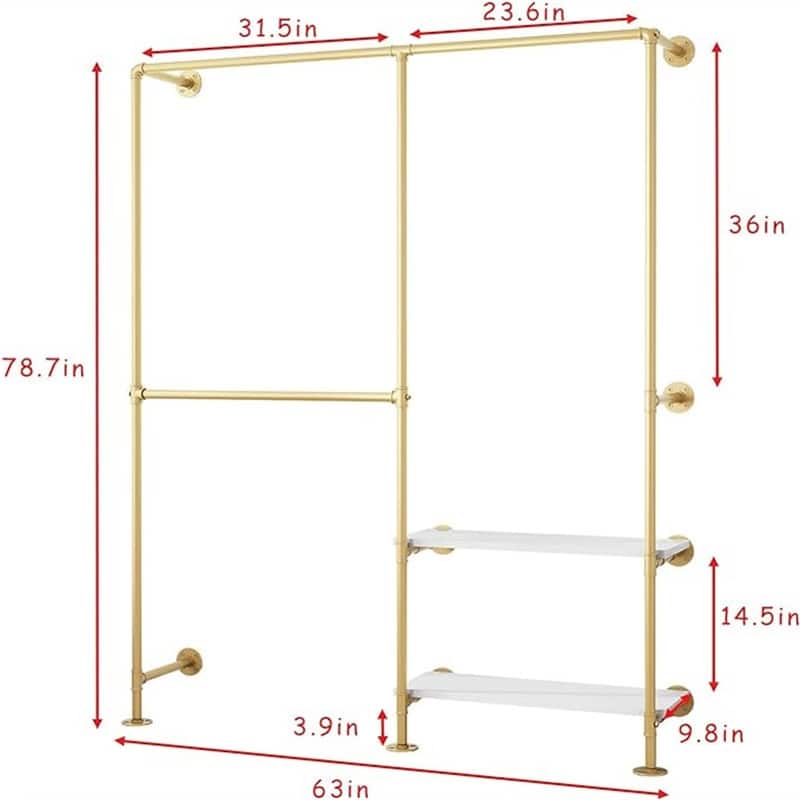 Gold Pipe Clothes Racks with White Shelves - 9.8"D x 63"W x 78.7"H