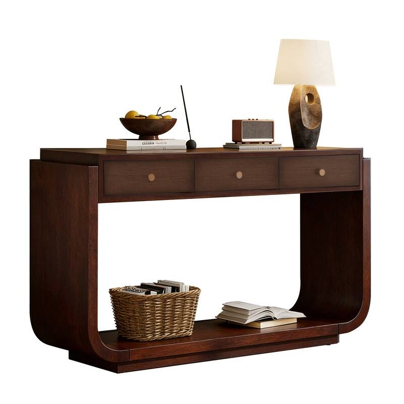 Mid-Century Modern Console Table with 3 Storage Drawers and Display Shelf for Entryway or Living Room Use