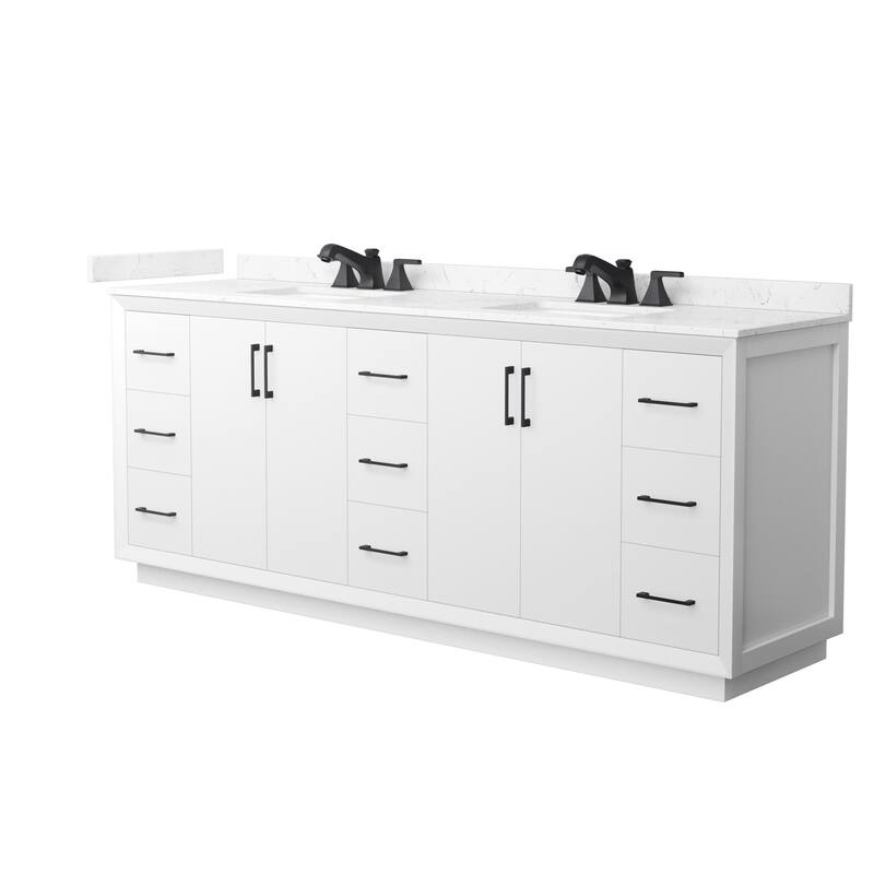 Wyndham Collection WCF4141-84D-VCA-US3MXX Strada 84" Free Standing - White / Carrara Cultured Marble Top / Matte Black