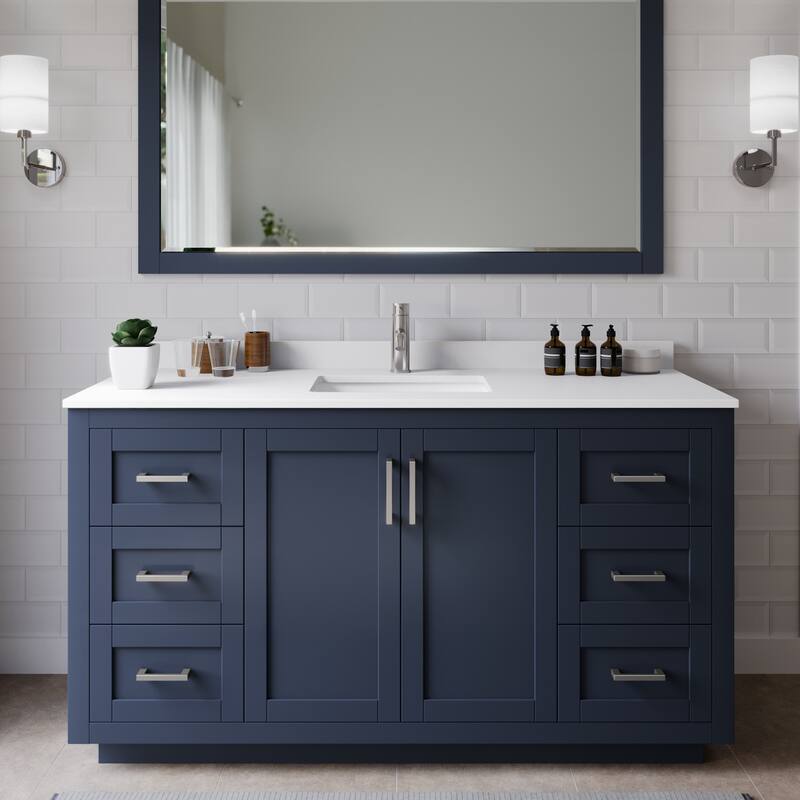 Wyndham Collection Miranda 60" Free Standing Single Basin Vanity Set - Dark Blue / White Cultured Marble Top / Brushed