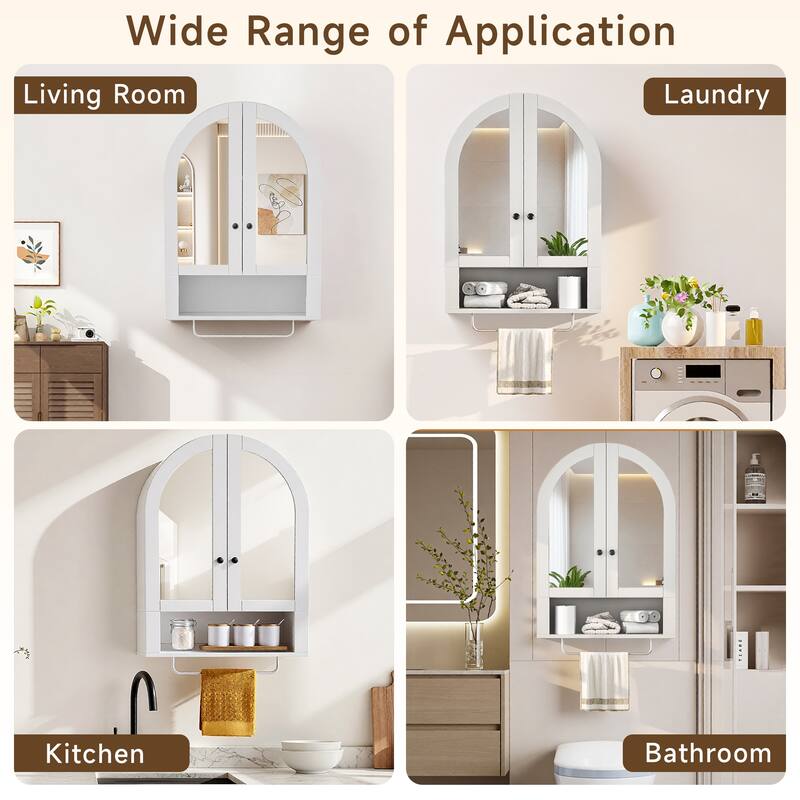 Wall Mounted Arched Cabinet with Mirrored Doors and Adjustable Shelves for Laundry Room, Bathroom, Kitchen