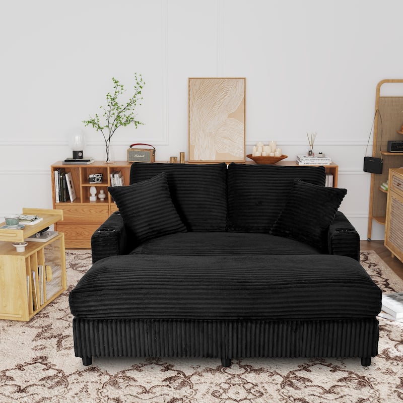GDFStudio - Polyester 50.9" Loveseat Chaise with Cup Holders - Black