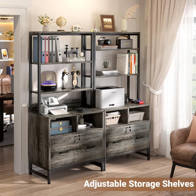 61''H Office File Cabinet with Locked Drawers and Hutch, Sideboard with USB Station and Hutch