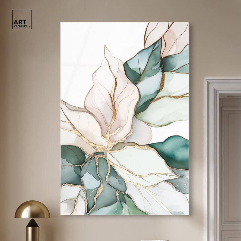 Pastel Leaves with Gold II Acrylic by Art Remedy, Ready to Hang