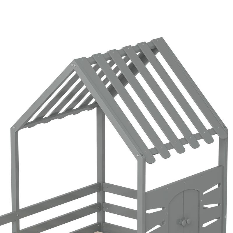 Twin Size House Bed with Guardrails, Storage Drawers, Roof, and Window Design