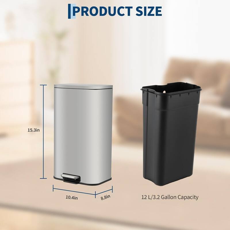 Brushed Stainless Steel Trash Can with Soft-Close Lid - Smudge-Resistant 3.2 to 13.2 Gallon