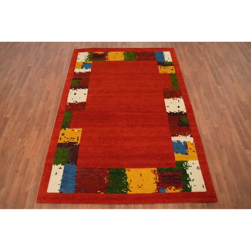 Hand Knotted Oriental 100% Wool Carpet Modern Solid Oranges & Rust Gabbeh Area Rug - 7' 10'' X 5' 6''