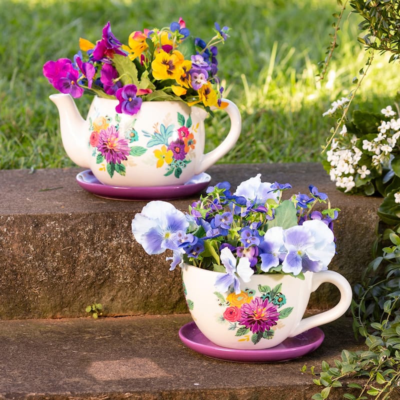 Floral Indoor/Outdoor Purple Ceramic Tea Pot Planter with Saucer