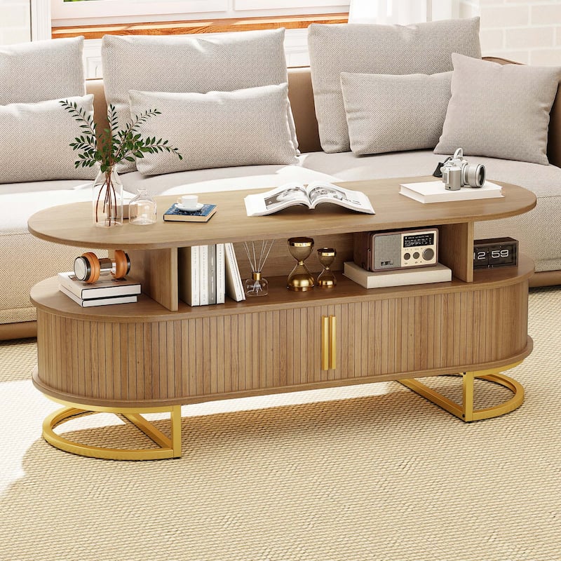 Moasis Oval Fluted Coffee Table with Sliding Doors