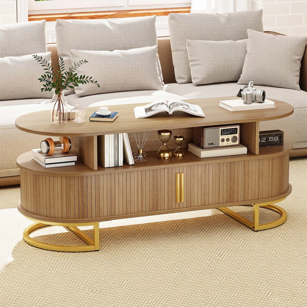 Moasis Oval Fluted Coffee Table with Sliding Doors