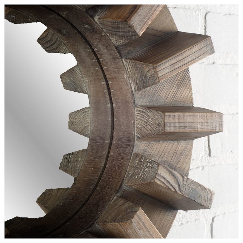 Sprocket Brown Solid Wood Cog Frame Round Mirror - 17" x 17"