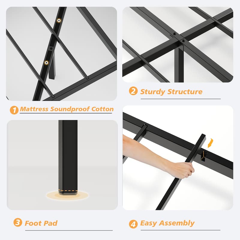 Floating Platform Bed with Charging Station and LED Lights, Wavy Headboard, Heavy-Duty Metal Slats, No Box Spring Required