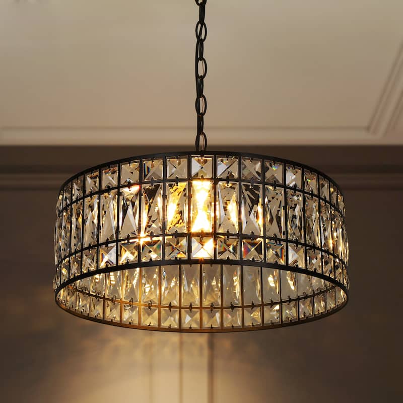 Aulia Modern 3-Light Black Crystal Drum Chandelier for Living Dining Room