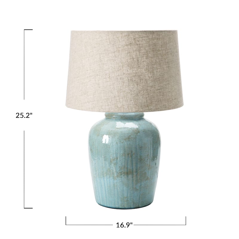 Coastal Aqua Blue Ceramic Stoneware Table Lamp with Natural Ivory Linen Shade, Reactive Glaze Finish