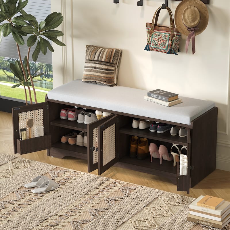 Rustic Storage Bench Multifunctional Wood Entryway Shoe Bench with Removable Cushion, Woven Rattan Doors & Adjustable Shelves - Espresso