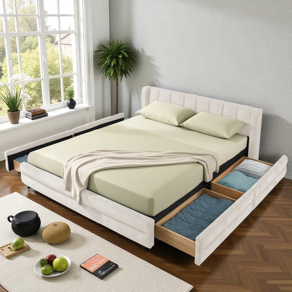 Queen Size Upholstered Bed Frame with Chenille Headboard and Underbed Storage Drawer, Solid Platform Design