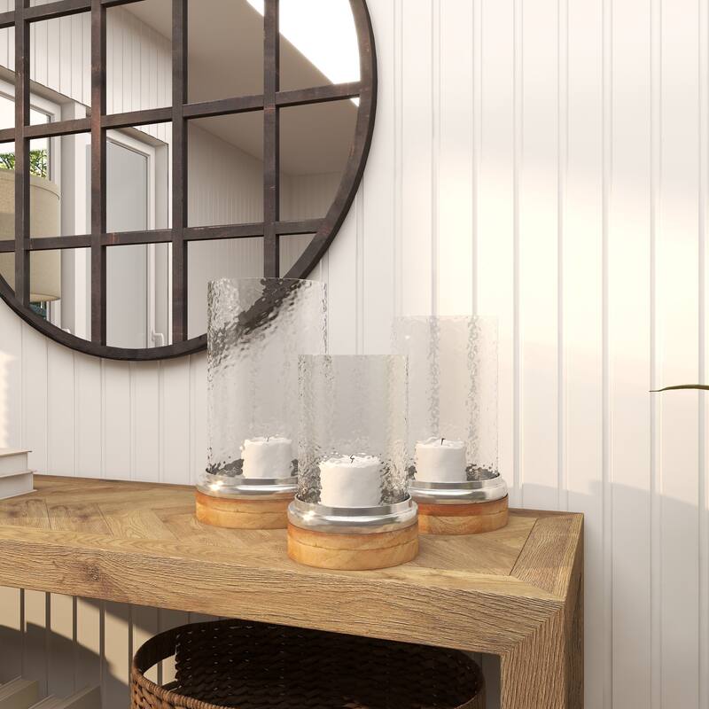 Brown Wood Pillar Hurricane Lamp with Glass Candle Holders (Set of 3)