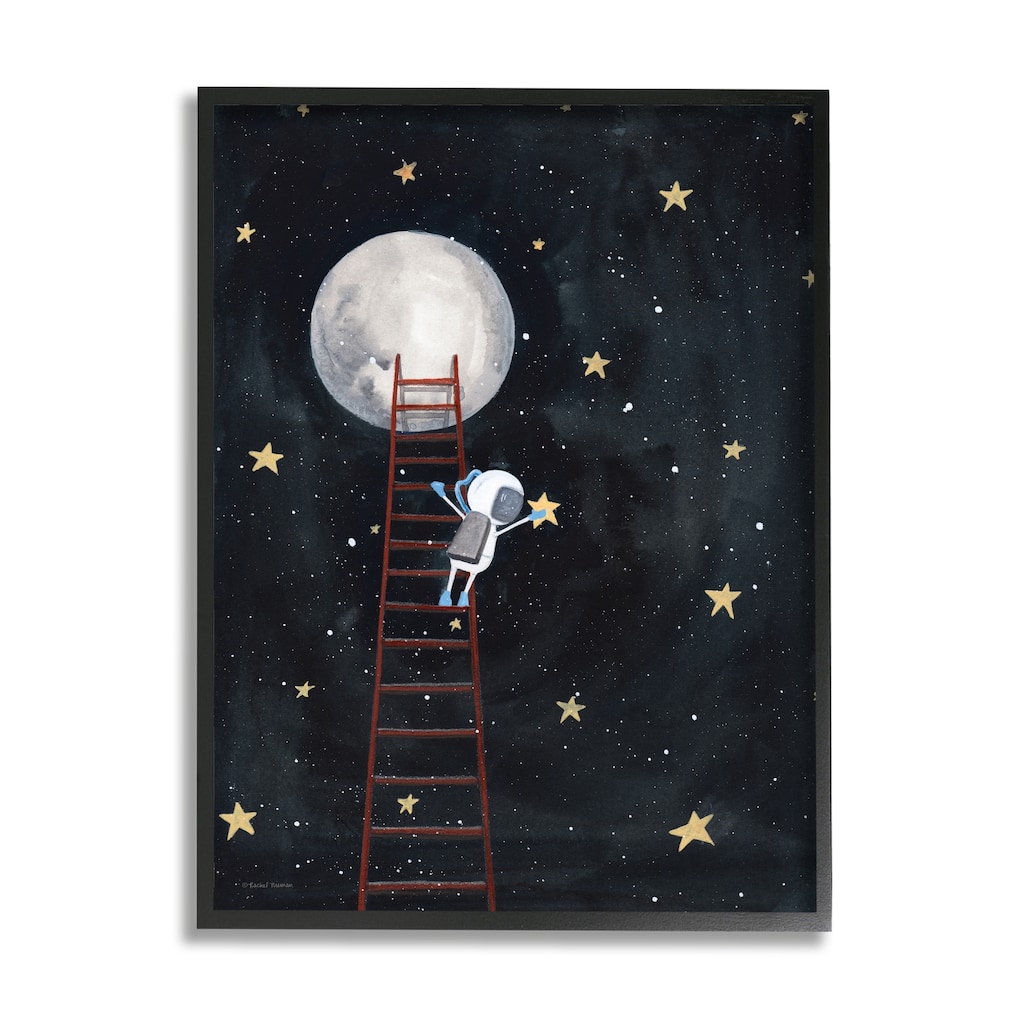 Stupell Astronaut Hanging Stars Outer Space Ladder to Moon Framed Giclee Texturized Art by Rachel Nieman