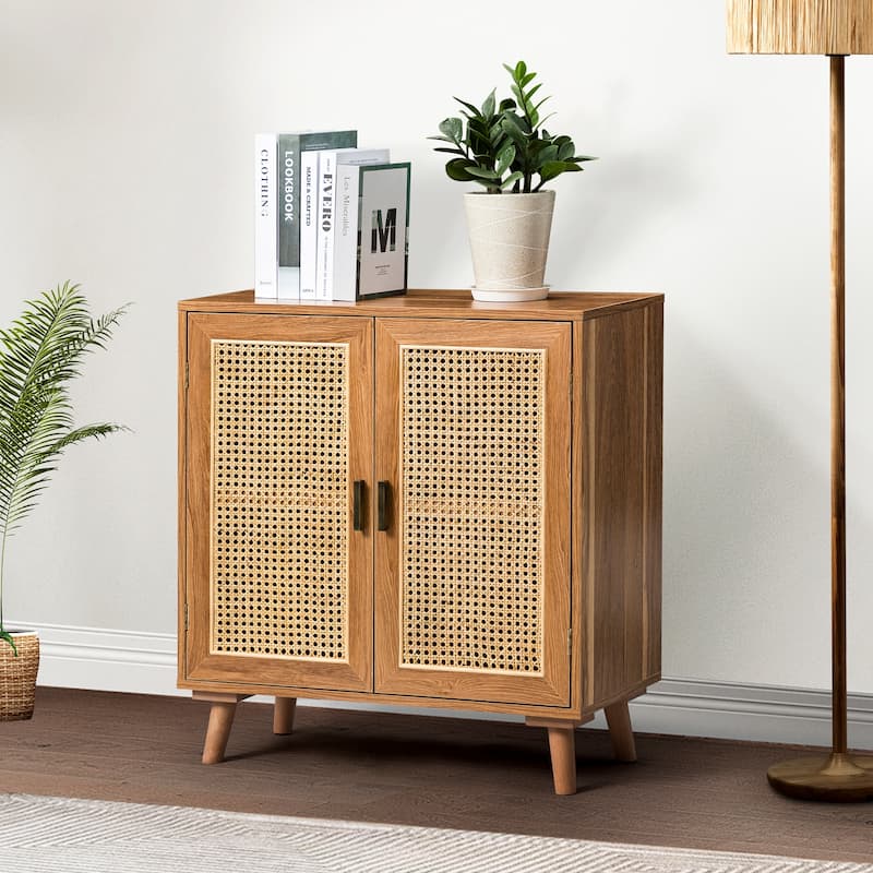Woodland Multifunctional Rattan-Accented 2-Door Storage Stackable Buffet Cabinet with Solid and Wood Frame by HULALA HOME