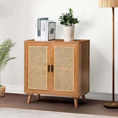 Woodland Multifunctional Rattan-Accented 2-Door Storage Stackable Buffet Cabinet with Solid and Wood Frame by HULALA HOME